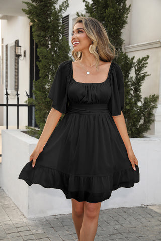 Square Collar Lace-up Bow A-Line Skirt