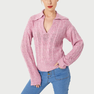 Warm Casual Lapel Sweater Pink Small, Medium, Large, X Large Front View 3