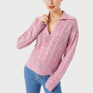 Warm Casual Lapel Sweater Pink Small, Medium, Large, X Large Front View 4