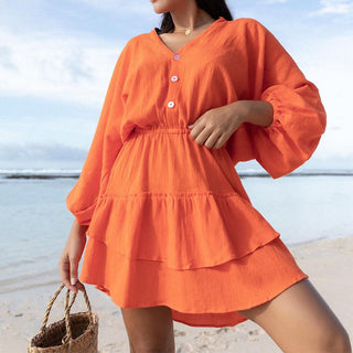 Stylish Elegant V-neck Batwing Sleeve Cotton And Linen Dress