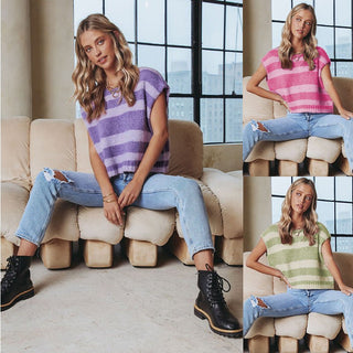 Casual Striped Sweater Purple Sitting View, Sizes Small, Medium, Large, X-Large