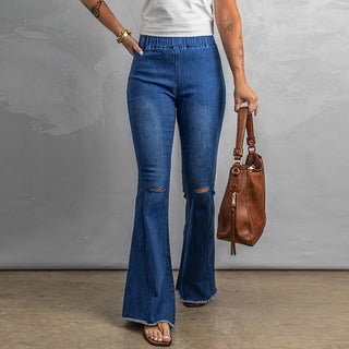 Cotton Jeans High Waist Elastic Waist Blue Front View, Sizes Small, Medium, Large, X-Large, XX-Large