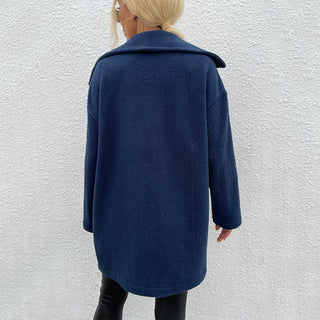 Double-faced Fleece Large Slot Pocket Mid-length Coat Blue