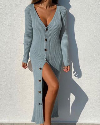 Fashion Knitted Long-sleeved Dress Blue