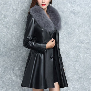 Faux Fox Fur Collar Fur Coat Black