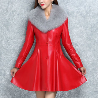 Faux Fox Fur Collar Fur Coat Red