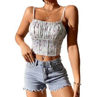 Flower Ruffled Spaghetti Straps Vest White Front View Mockup, Sizes Small, Medium, Large, X-Large