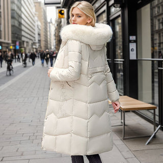 Fur Collar Straight Slim Cotton-padded Jacket White