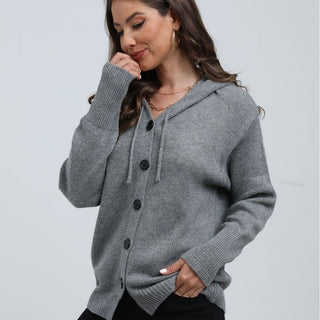 Hooded Single-breasted Sweater Gray Small, Medium, Large, X Large Side View