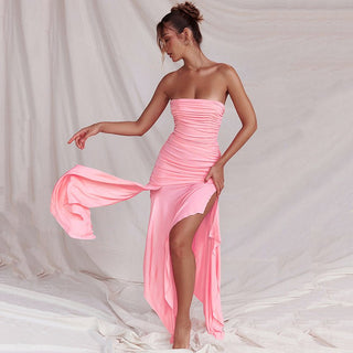 Ins Fashion Sexy Off-neck Stitched Backless Fishtail Split Dress Pink