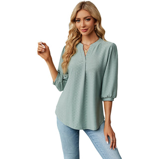 Jacquard Long Sleeve Loose-fitting T-shirt Top Bean Green