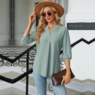 Jacquard Long Sleeve Loose-fitting T-shirt Top Bean Green