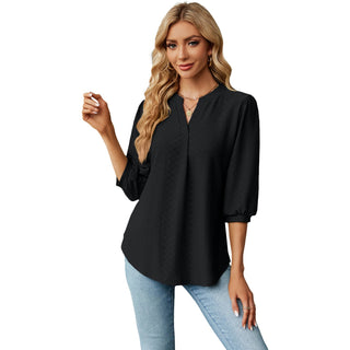 Jacquard Long Sleeve Loose-fitting T-shirt Top Black