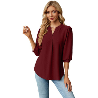 Jacquard Long Sleeve Loose-fitting T-shirt Top Wine Red