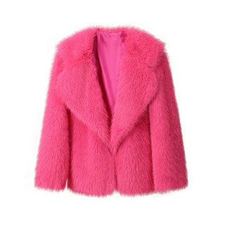 Lapel Leather Fur Coat Women's Artificial Wool Clip Coat Rose Red