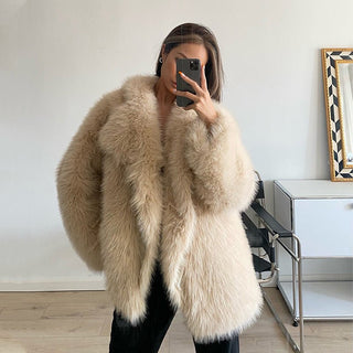 Lapel Leather Fur Coat Women's Artificial Wool Clip Coat White