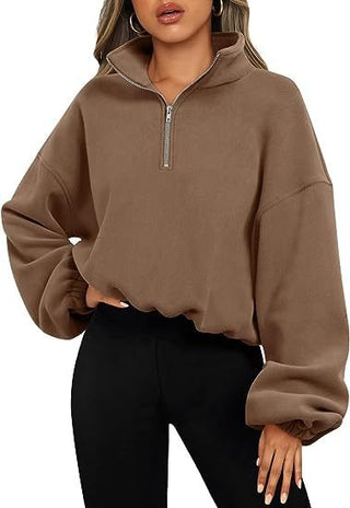 Loose Pullover Hoodie Zipper Sweatshirt Thick Caramel