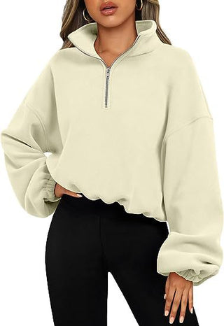 Loose Pullover Hoodie Zipper Sweatshirt Thick Ivory