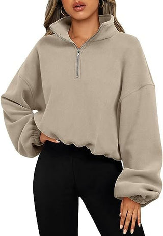 Loose Pullover Hoodie Zipper Sweatshirt Thick Khaki