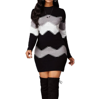 Mid-length Round Neck Long Sleeve Knitted Dress Black