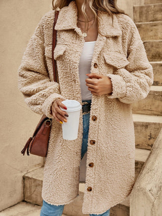 New European And American Winter Open Button Lapel Plush Coat Loose Long-cut Coat Women Apricot