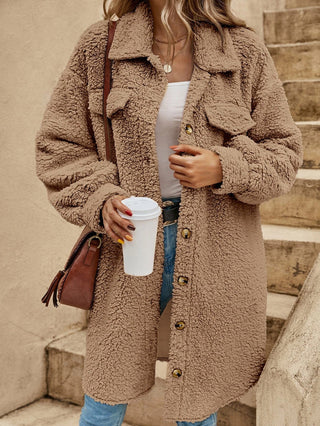 New European And American Winter Open Button Lapel Plush Coat Loose Long-cut Coat Women Khaki