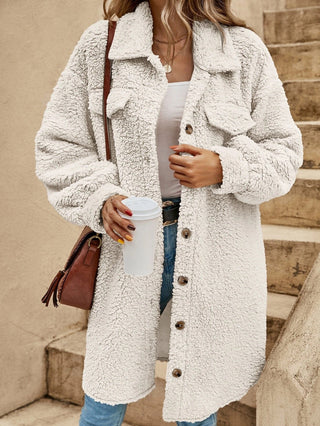 New European And American Winter Open Button Lapel Plush Coat Loose Long-cut Coat Women Milky White