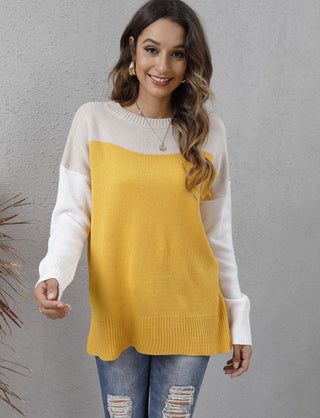 Patchwork Loose Sweater Yellow  Small, Medium, Large, X Large Front View