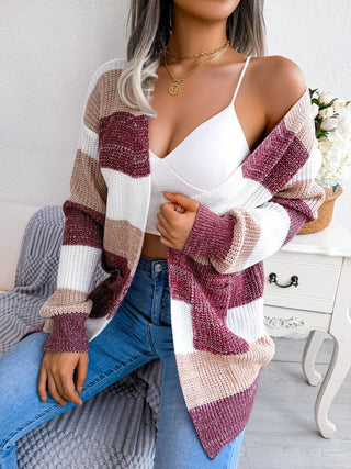 Plaid Sweater Lantern Sleeves Cardigan Wine Red Front View