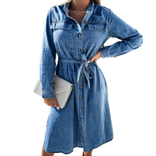 Polo Collar Lace-up Anti-denim Dress Blue