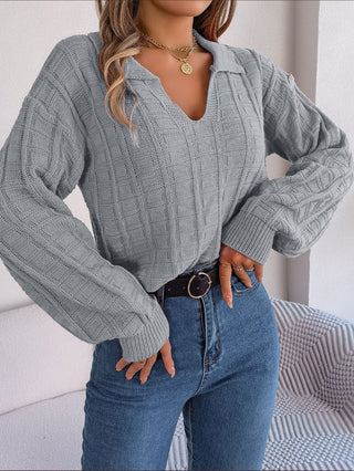 Polo Collar Long Sleeve Knitted Pullover Sweater Gray Front View