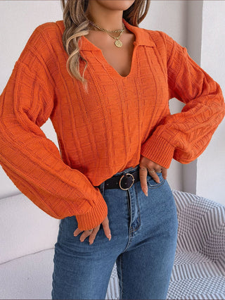 Polo Collar Long Sleeve Knitted Pullover Sweater Orange Front View Zoomed Out