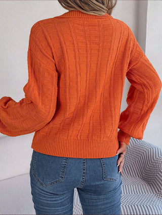 Polo Collar Long Sleeve Knitted Pullover Sweater Orange Back View