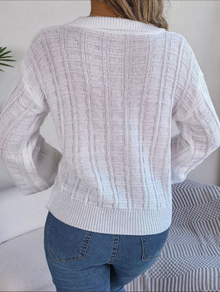 Polo Collar Long Sleeve Knitted Pullover Sweater White Back View