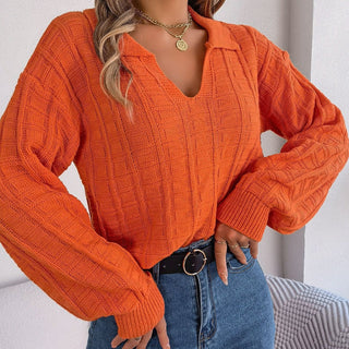 Polo Collar Long Sleeve Knitted Pullover Sweater Orange Front View