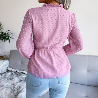 Ruffled Tied Fitted Waist Polka Dots Chiffon Shirt Pink