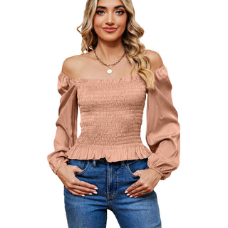 Square Collar Off-shoulder Slim Top Apricot Pink