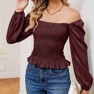 Square Collar Off-shoulder Slim Top Apricot Pink