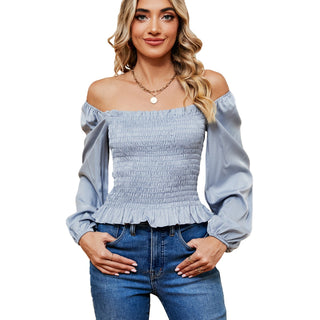 Square Collar Off-shoulder Slim Top Blue