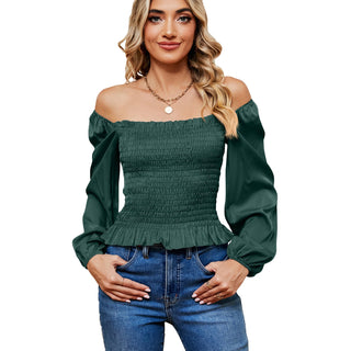 Square Collar Off-shoulder Slim Top Dark Green