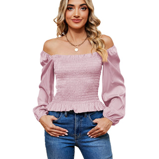 Square Collar Off-shoulder Slim Top Pink