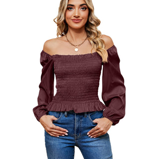 Square Collar Off-shoulder Slim Top Wine Red