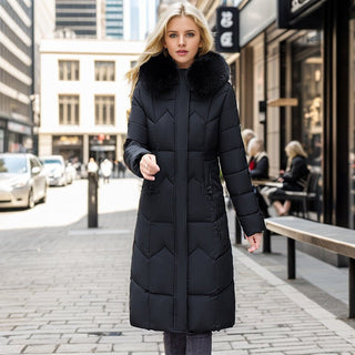 Winter Long Coat With Thickened Fur Collar Straight Slim Cotton-padded Jacket Women Black