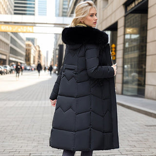 Winter Long Coat With Thickened Fur Collar Straight Slim Cotton-padded Jacket Women Black