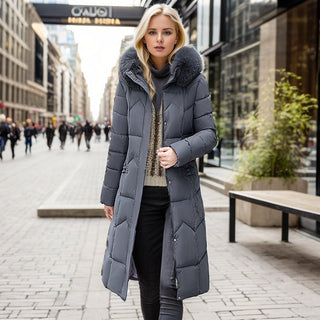 Winter Long Coat With Thickened Fur Collar Straight Slim Cotton-padded Jacket Women Grey