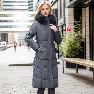 Winter Long Coat With Thickened Fur Collar Straight Slim Cotton-padded Jacket Women Grey