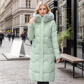 Winter Long Coat With Thickened Fur Collar Straight Slim Cotton-padded Jacket Women Light Green