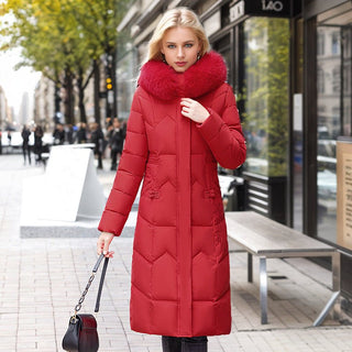 Winter Long Coat With Thickened Fur Collar Straight Slim Cotton-padded Jacket Women Red