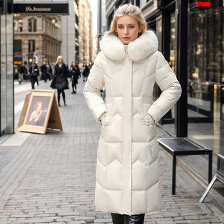 Winter Long Coat With Thickened Fur Collar Straight Slim Cotton-padded Jacket Women White