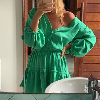 Women's Fashionable Elegant V-neck Batwing Sleeve Cotton And Linen Dress Emerald Green